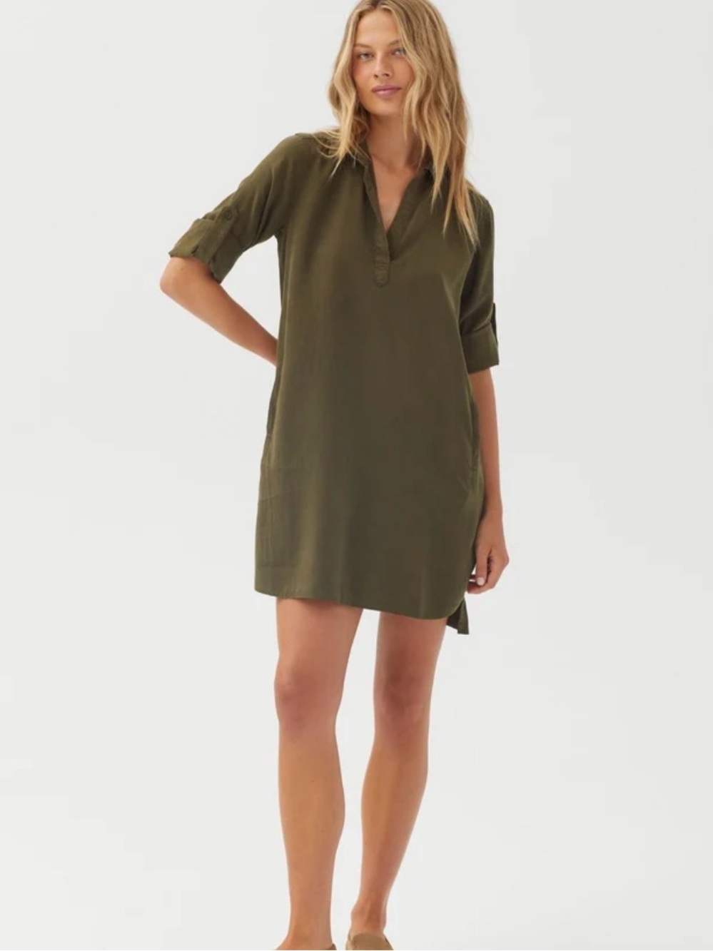 Bella Dahl A Line Tab Sleeve Dress Olive Night Size Small